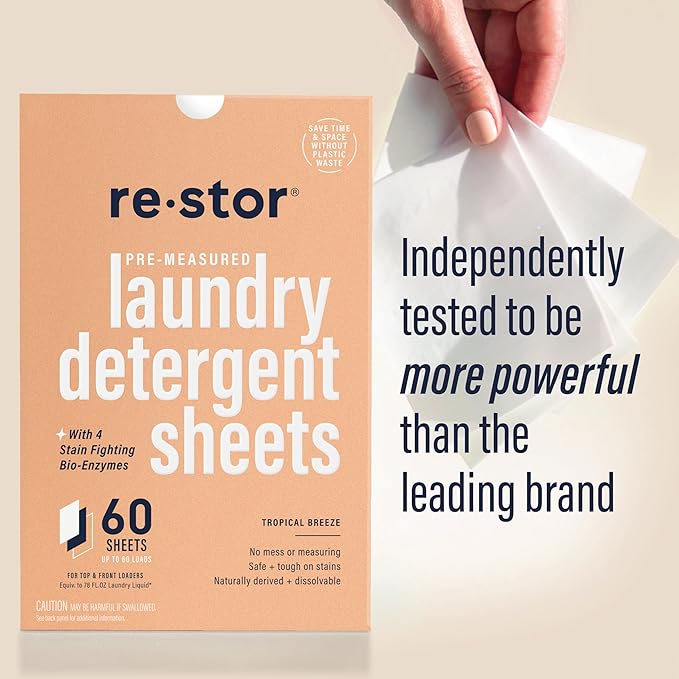 restor Laundry Detergent Sheets Tropical Breeze 60 Loads | Eco Friendly Plastic Free Travel Laundry Washer Sheets | Superior Stain Fighting Washing Detergent sheets Number One in Australia