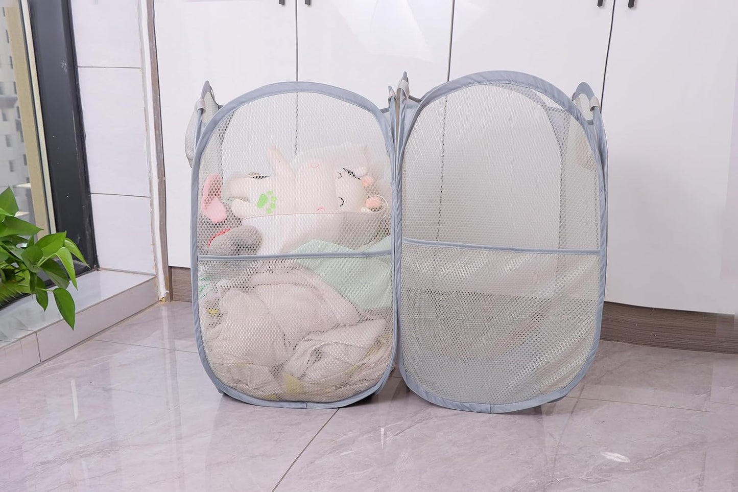 Foldable Mesh Popup Laundry Hamper,Laundry Basket Easy to Open and Fold for Dorm,Travel, College Dorms, and More (2 light gray)