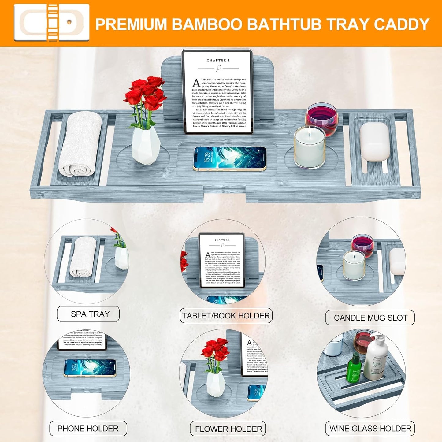 Bathtub Tray Caddy - Bath Tray - Bath Tub Tray Caddy - Bamboo Bath Tray for Tub - Expandable Size, Fits Most Tubs