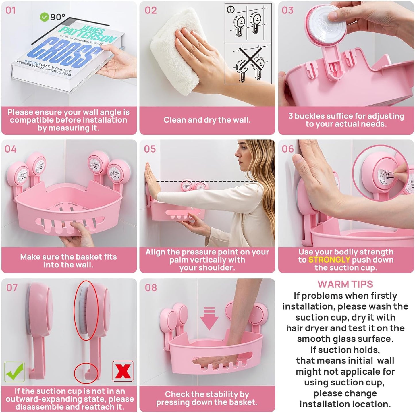 LEVERLOC Corner Shower Caddy Suction Cup, Shower Caddy Basket Powerful Suction Bathroom, Waterproof & Rustproof Organizer for Bathroom Storage, No-Drilling Removable (Pink)