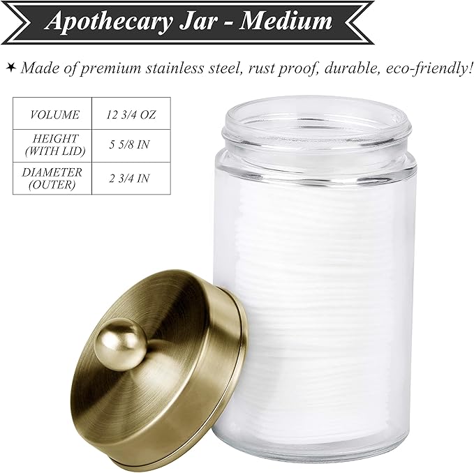 Apothecary Jars 3 Pack - Glass Bathroom Containers with Stainless Steel Lids - Rustic Farmhouse Decor Bathroom Accessories, Vanity Organizer Apothecary Jars for Qtip/Cotton Balls (Gold)
