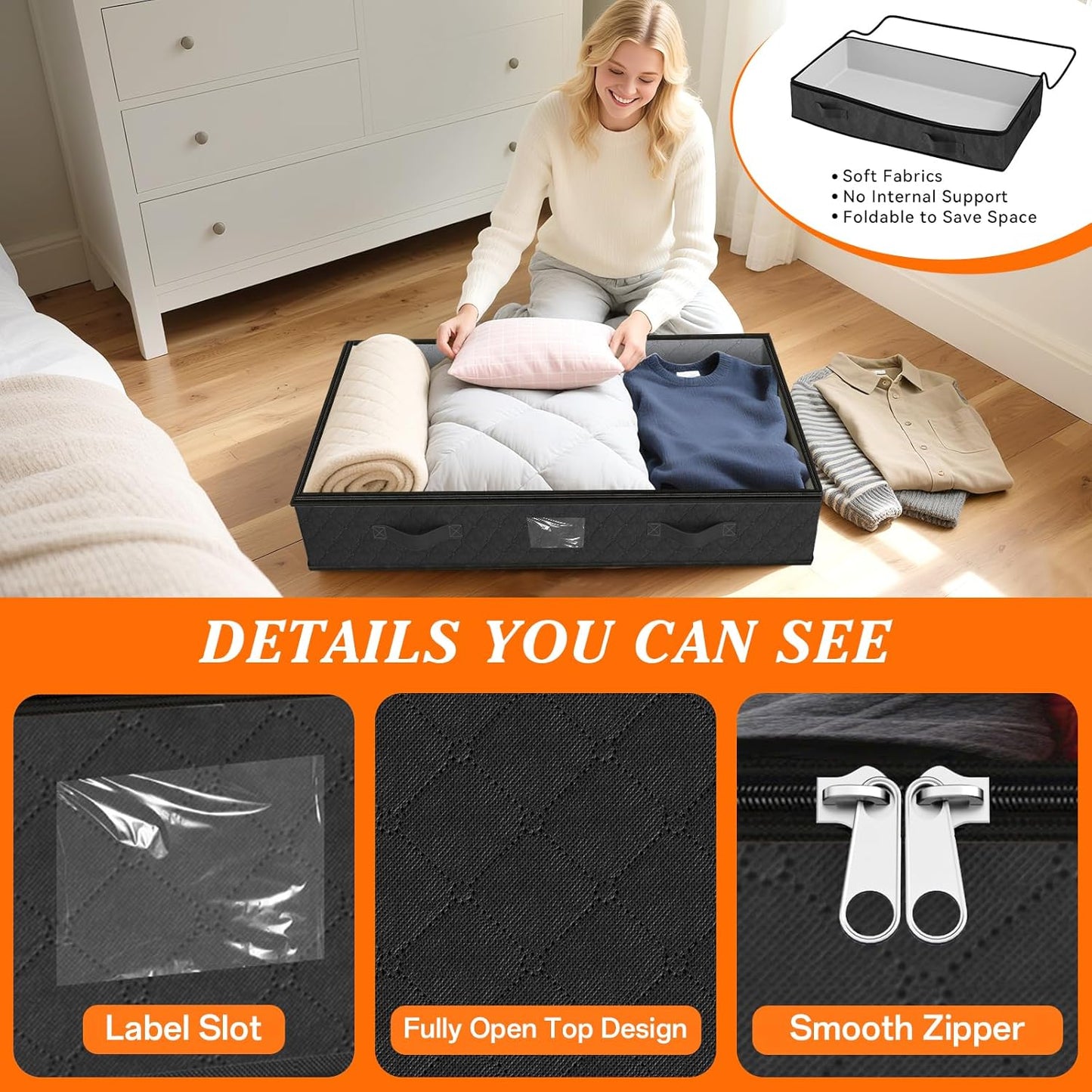 SpaceWhisper 90L Under Bed Storage Containers, 6-Pack Storage Bins with Clear Top, Foldable Closet Organizers and Storage with Label Holder for Clothing, Blankets, Comforter & Pillows(Black)