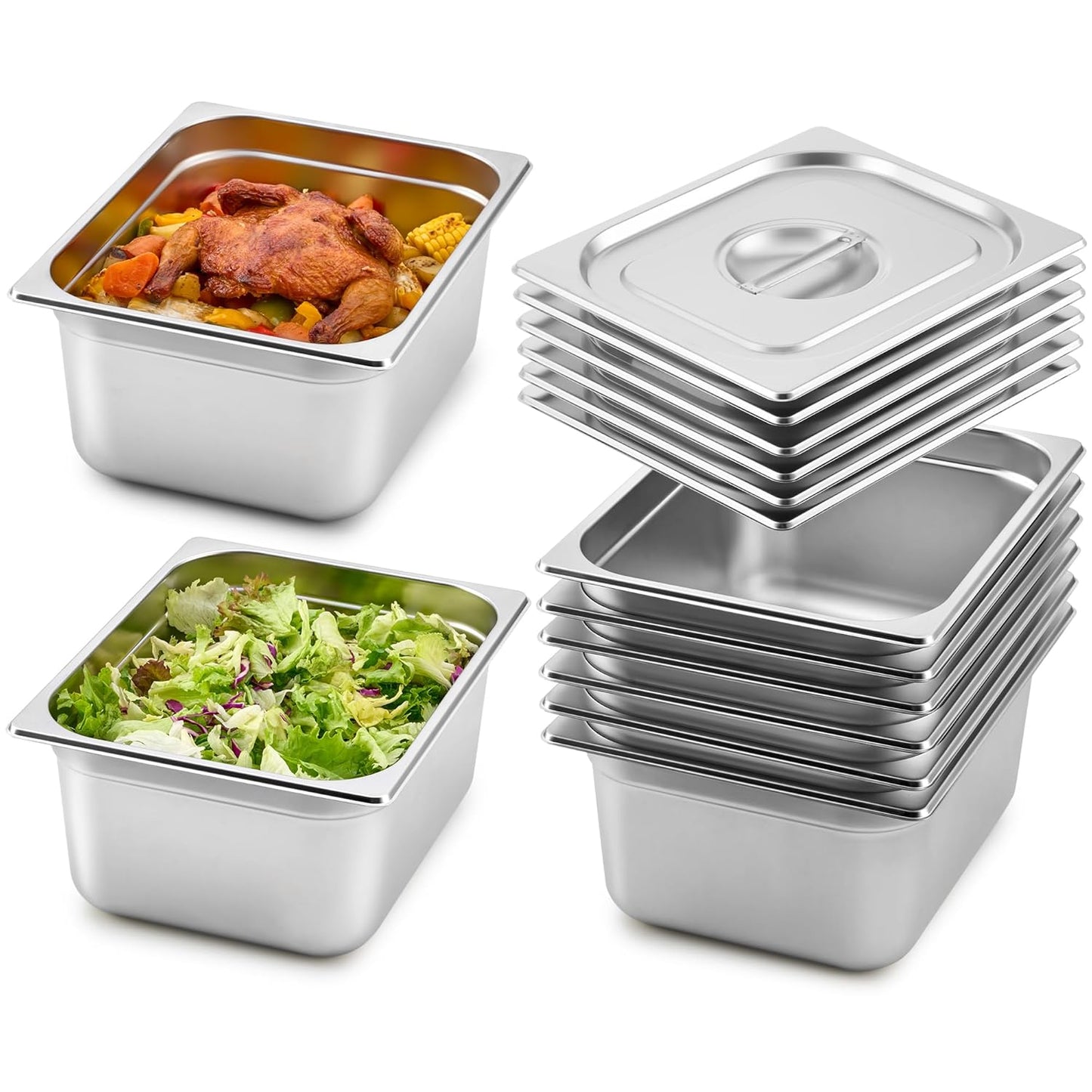 WILPREP 6 Pack Hotel Pans NSF Listed, 1/2 Size 6 in Deep Steam Table Pans with Lids, Food Grade Stainless Steel Hotel, 10.6 qt Catering Food Storage for Buffets Events Restaurants