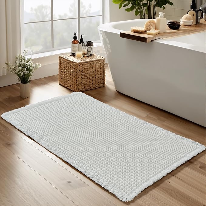 KGORGE Waffle Bath Mat for Bathroom Tub, Black Non Slip Dry Fast Ultra Soft Bathroom Runner Rug, Rubber Backed Super Absorbent for Kitchen Floor Bathtubs Shower, Pure White, 17" W X 24" L 1pc