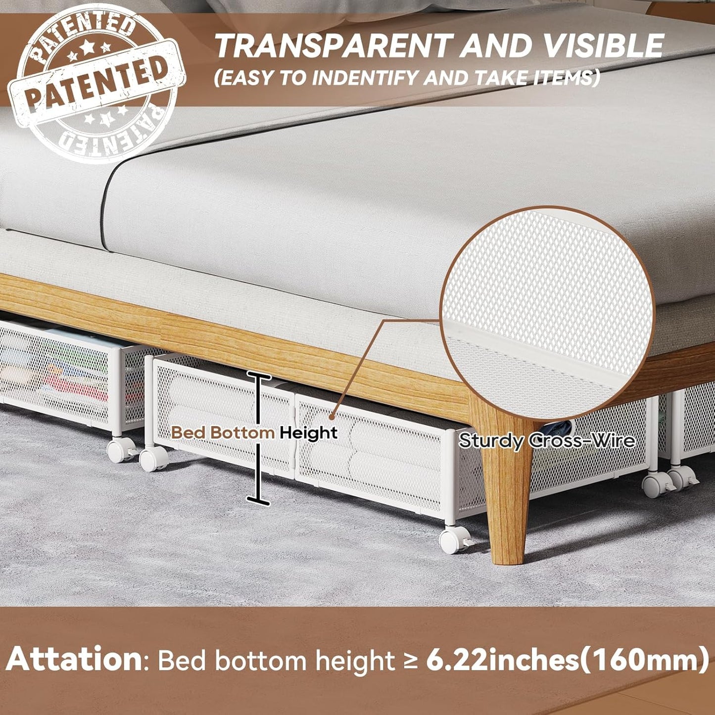 PHINOX Under Bed Storage with wheels, Under the Bed Storage Containers,Upgrade Crossed Iron Wire, Metal Rolling Underbed Storage Containers for Bedroom Clothes Shoes Blankets-2 Pack,White