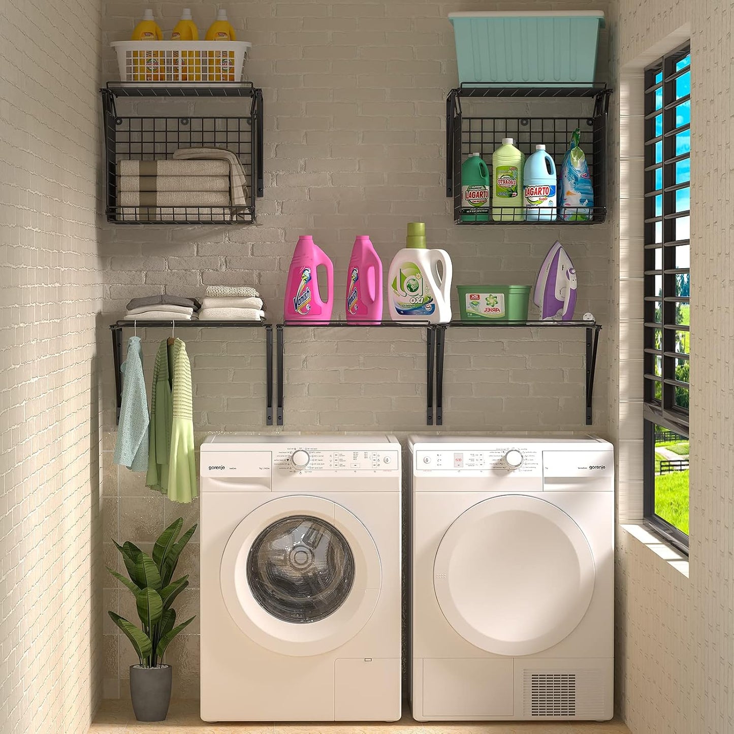 2 Pack Laundry Room Shelves, Wire Baskets with 8 Hooks, Over Washer and Dryer Shelf, Wall Mounted Storage and Clothes Drying Rack, Black