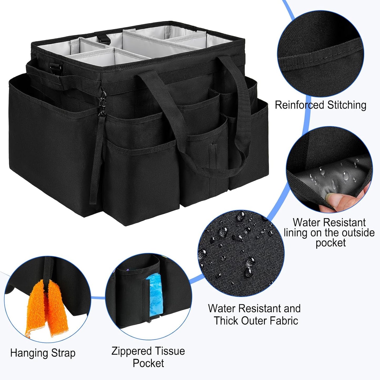 Large Rolling Cleaning Caddy Bag with Detachable Trolley,Cleaning Cart on Wheels with Shoulder Strap,Cleaning Supplies Organizer for Housekeepers,Black