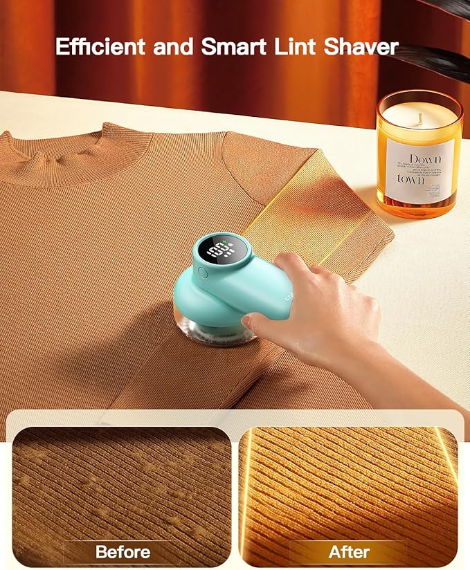 coldSky Rechargeable Fabric Shaver, Lint Shaver with Digital Display, Sweater Shaver with 6-Leaf Blades and Safety Lock, 3-Speeds Defuzzer Remove Fuzz, Pills from Clothes, Furniture, Blanket Green