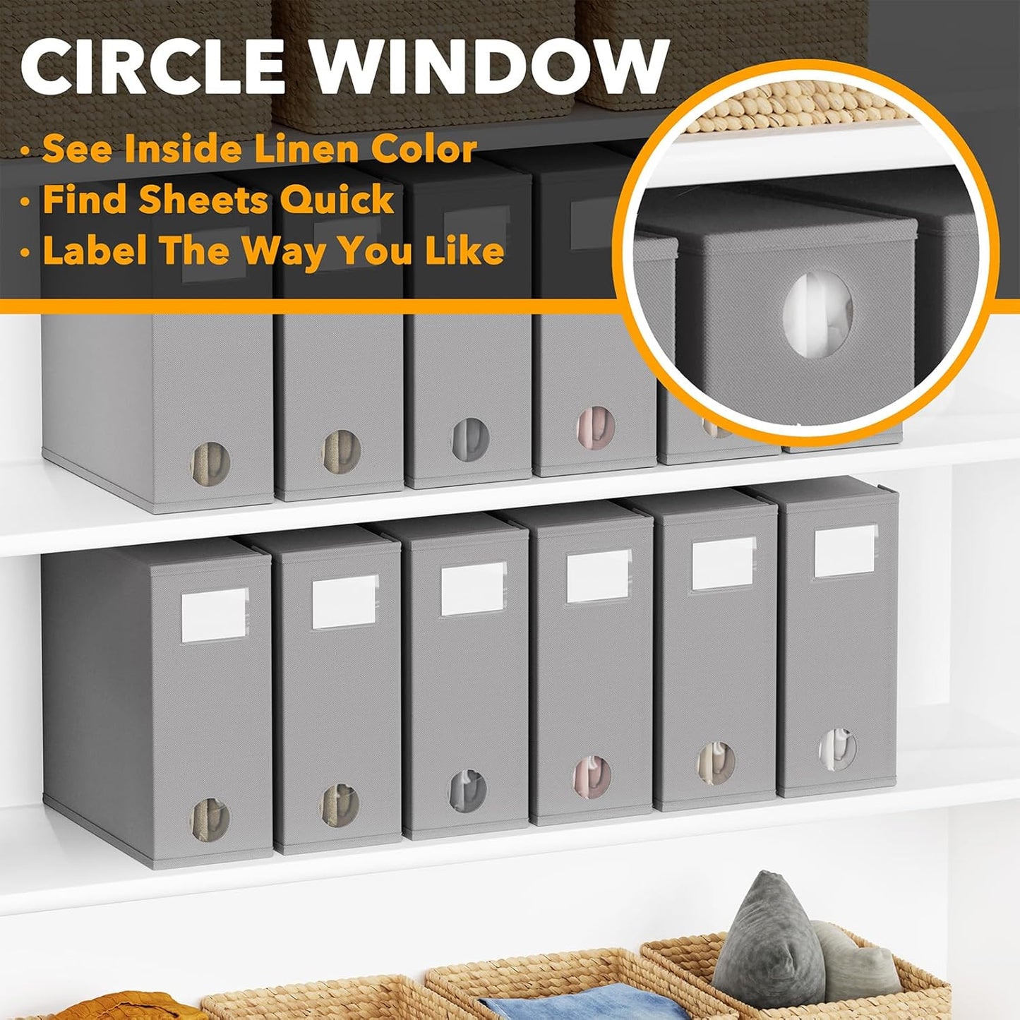 SpaceAid 12 Pack Bed Sheet Organizers and Storage, Foldable Sheet Organizer for Linen Closet, Sheets Set Folder Keeper with Window XL (Queen & King Size) Bedding Container (Gray, 12 Pack)