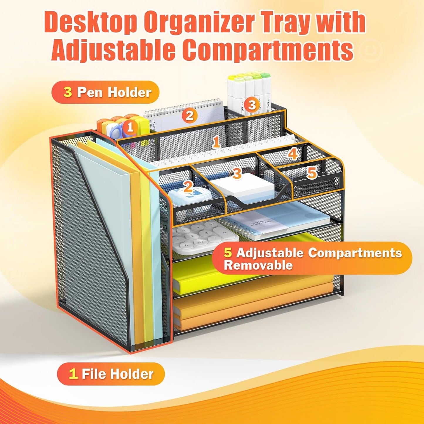 Docnest 4 Tier Mesh Desk Organizer with File Holder – Multi-Functional Paper Letter Tray with 5 Adjustable Compartments, 3 Pen Holders, Desktop Storage for Files, Mail, Stationery – Black