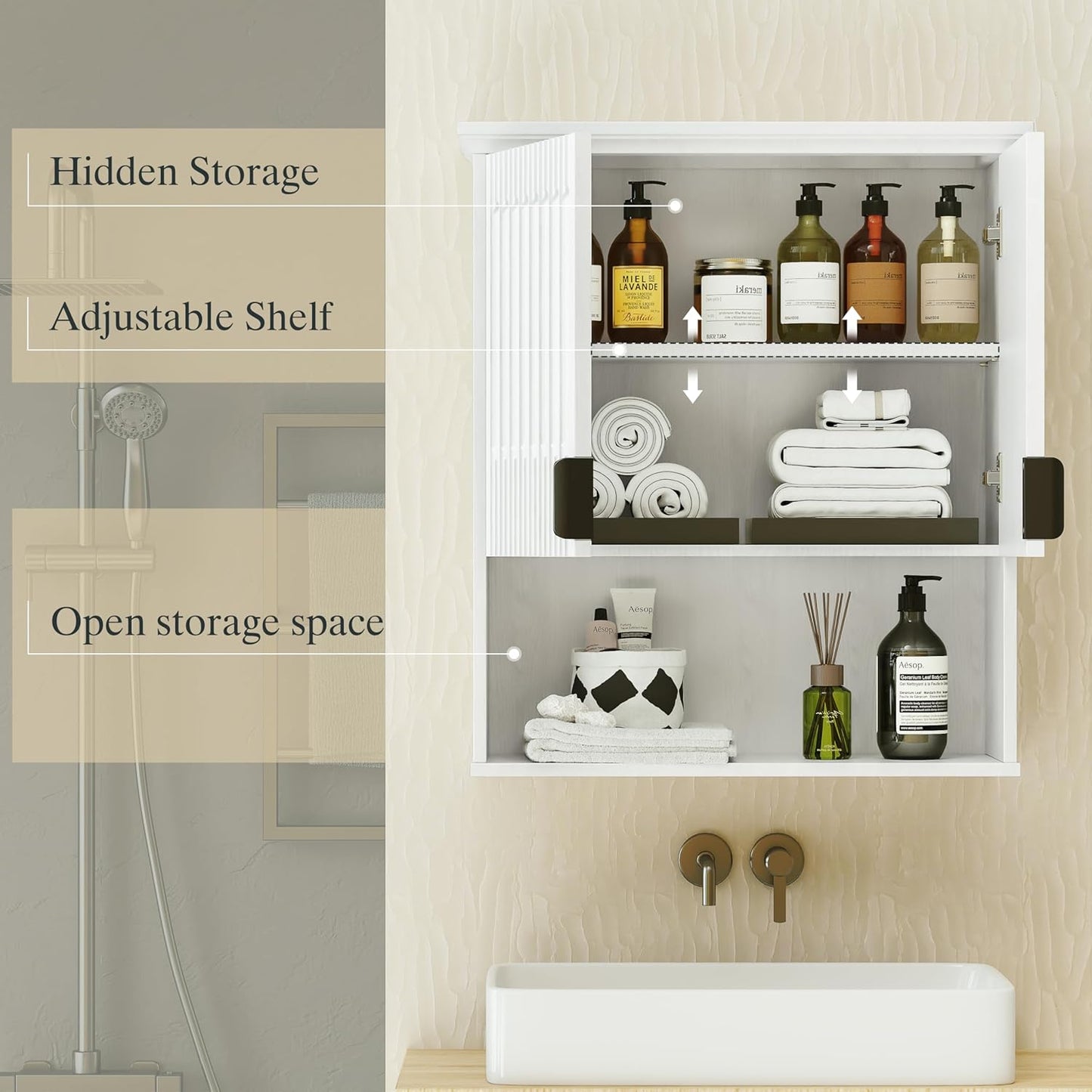 FLOWBACK Wall Mount Bathroom Cabinet, Wooden Medicine Cabinet Storage Organizer with Fluted Doors and Adjustable Shelf, Over The Toilet Space Saver Storage Cabinet (White)