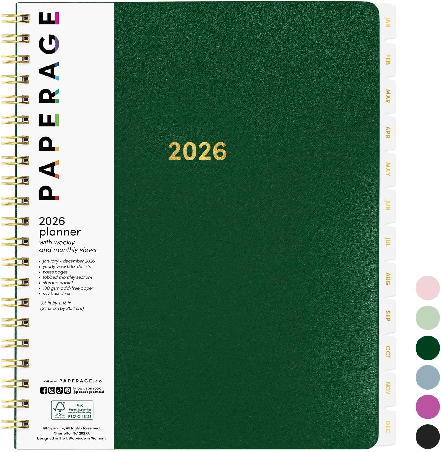 PAPERAGE 2026 Weekly & Monthly Planner, 12 Months (January 2026 - December 2026), 9.2 in x 11.2 in, Spiral Bound 2026 Planner with Weekly, Monthly & Yearly Views, Note Pages & Inner Pocket – Dark Green