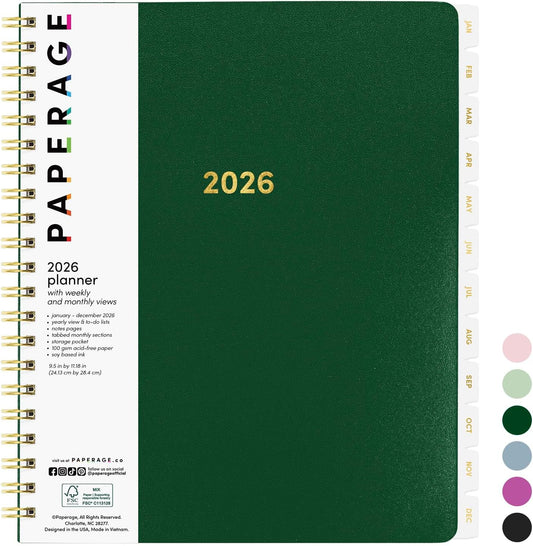PAPERAGE 2026 Weekly & Monthly Planner, 12 Months (January 2026 - December 2026), 9.2 in x 11.2 in, Spiral Bound 2026 Planner with Weekly, Monthly & Yearly Views, Note Pages & Inner Pocket – Dark Green
