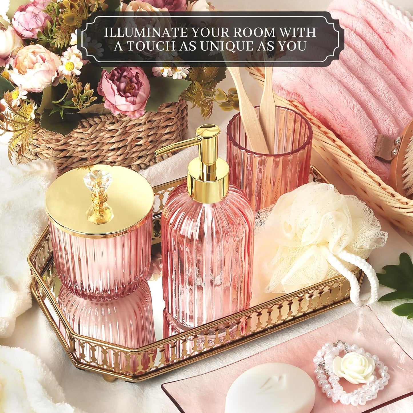 Designer Pink Glass Bathroom Accessories Sets - 4 Pcs with Lotion Soap Dispenser, Bathroom Toothbrush Holder, Vanity Tray, and Apothecary Jar, Vintage Bathroom Decor
