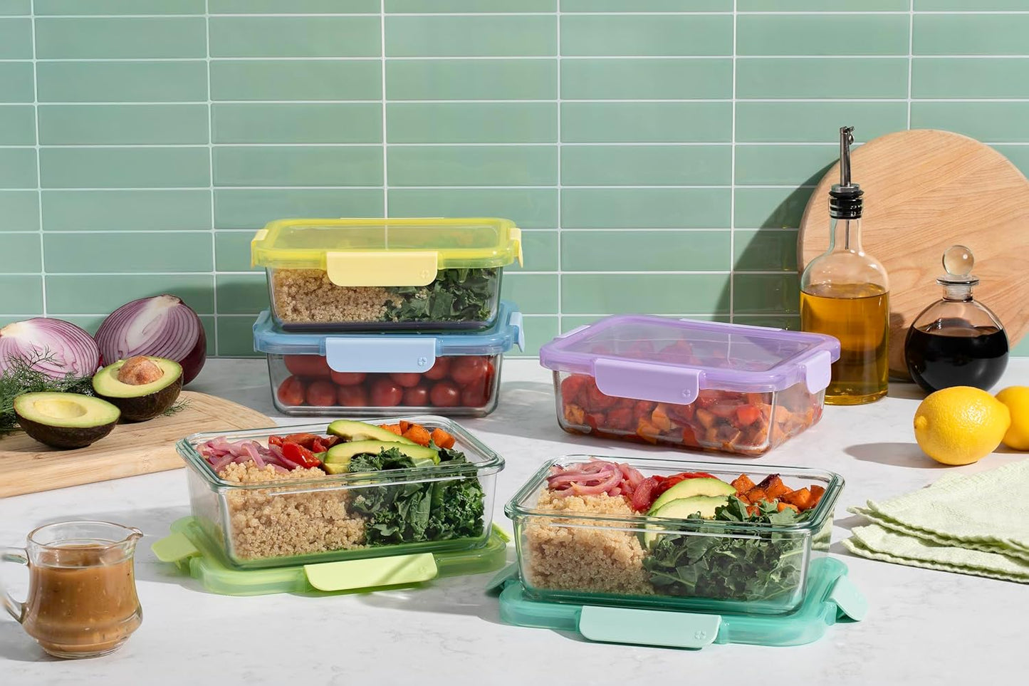 Ello Color Lock 5 Cup 10PC, 5 Pack Glass Meal Prep Sets Leak-Proof Glass Food Storage Containers with Airtight BPA-Free Plastic Lids, Dishwasher, Microwave, and Freezer Safe, Purple Rain