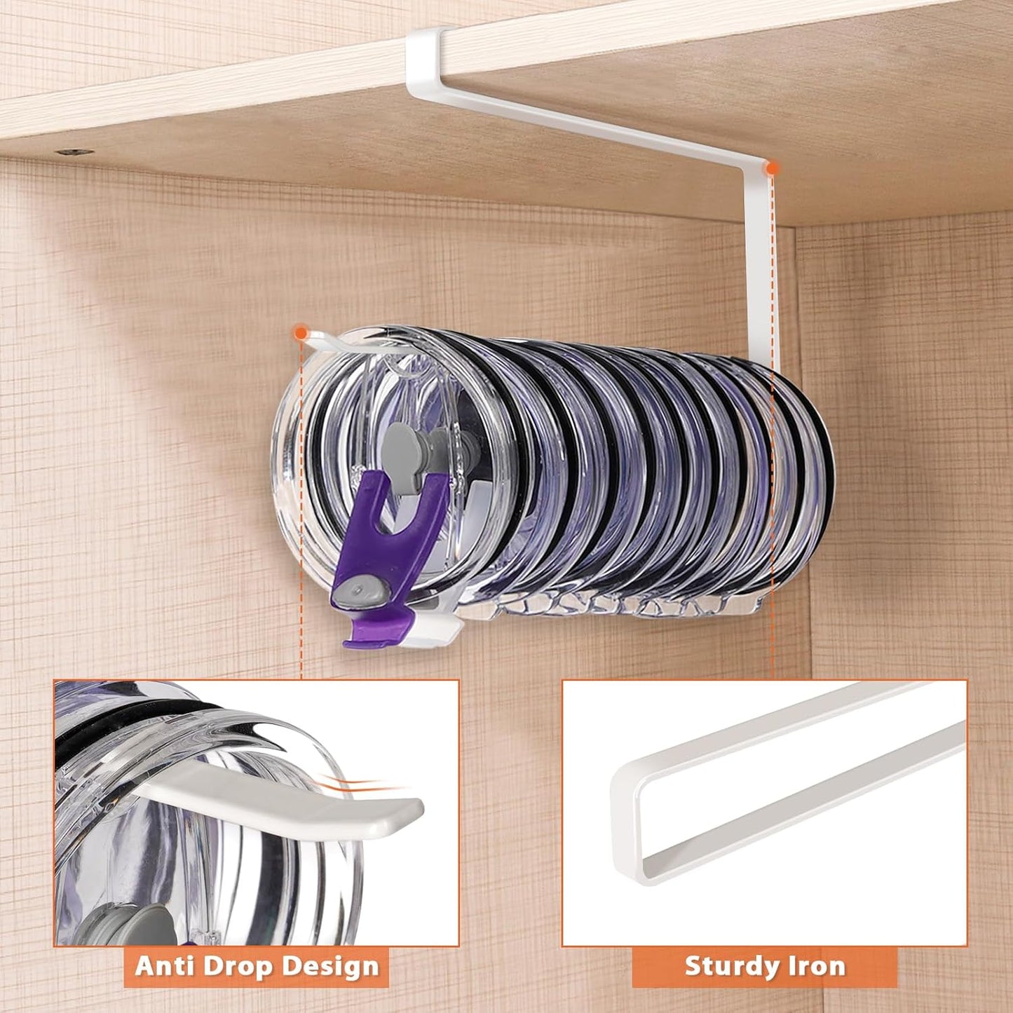 2 Pack Tumbler Lid Organizer, Horizontal Tumbler Lid Storage Hook to Hold Up 20 Lids, Space Saving Cup Lid Holders Under Cabinet Tumbler Lid Hook for Kitchen Organizer, Paper Towel Rack Hanger (White)