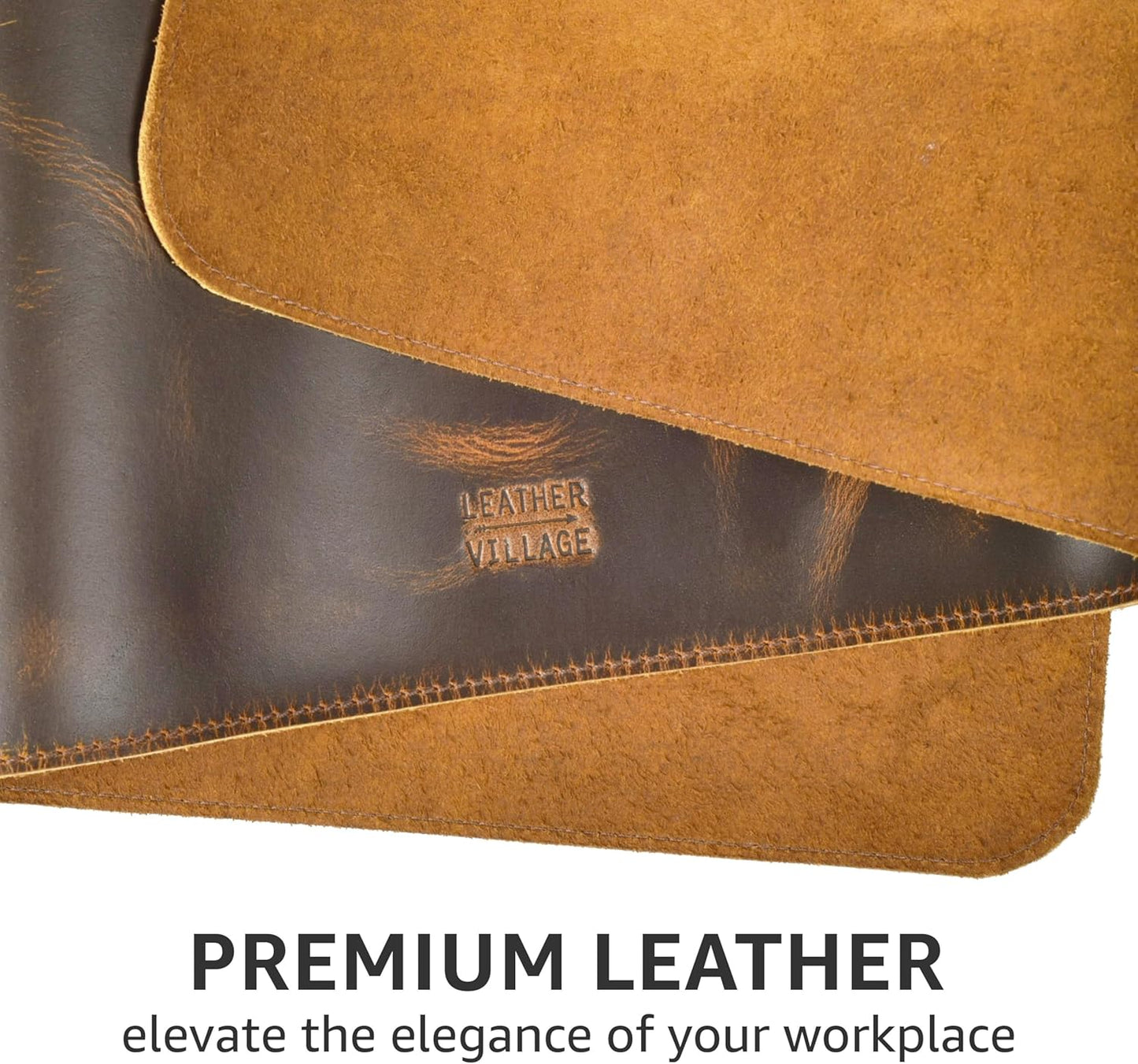LEATHER VILLAGE -32X16 Real Leather Desk Mat for Desktop & Laptop, with Leather Tray & Tea Coaster, 3mm Thick Desk Cover-Protector-Blotter- Brown Color