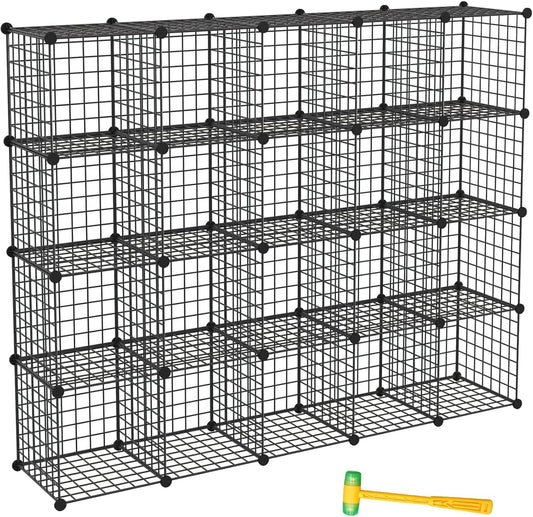 TUMUCUTE Wire Storage Cubes, Metal Storage Shelves Bookshelf, Stackable Modular Closet Organizer for Bedroom Living Room, Office, Black (20-Cube, Iron)
