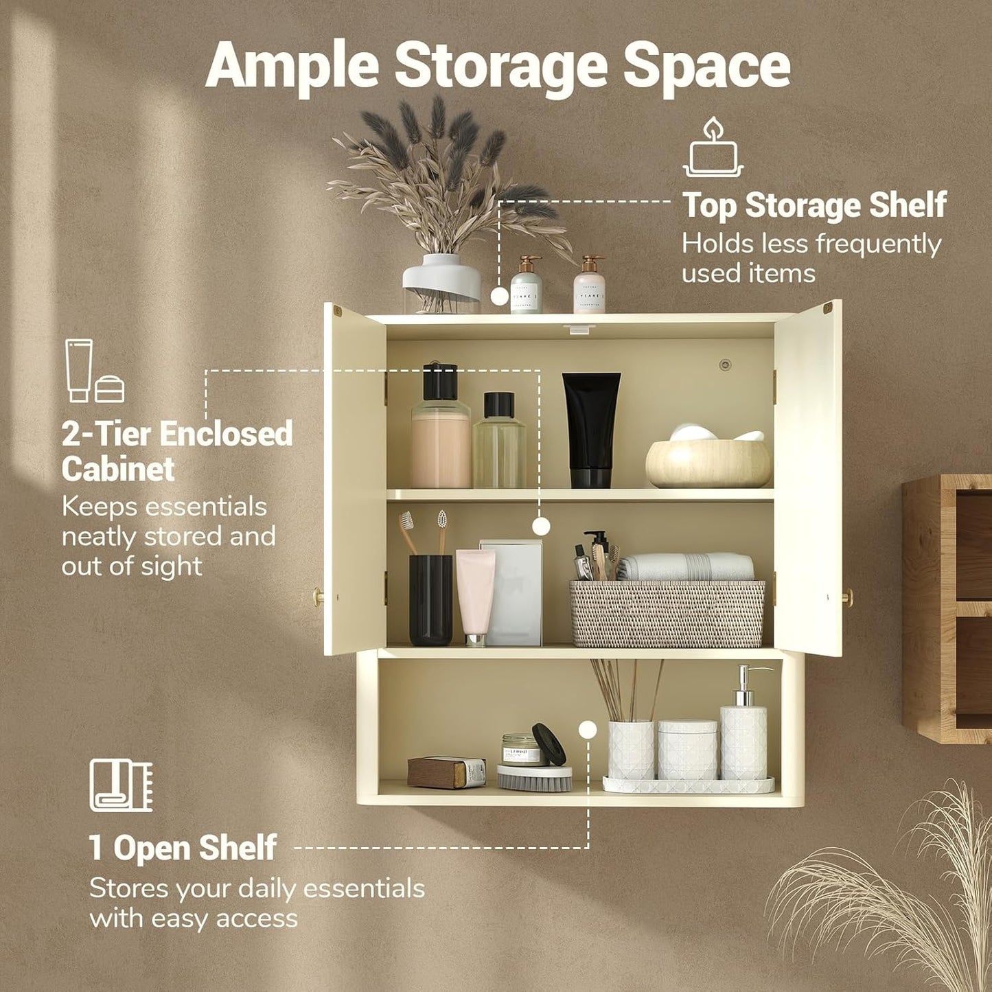 Giantex Wall Mounted Bathroom Cabinet, Fluted Modern Medicine Cabinet with Doors, Adjustable Shelf, Floating Over The Toilet Space Saver Storage Cabinet for Laundry Room, Kitchen (Cream White)