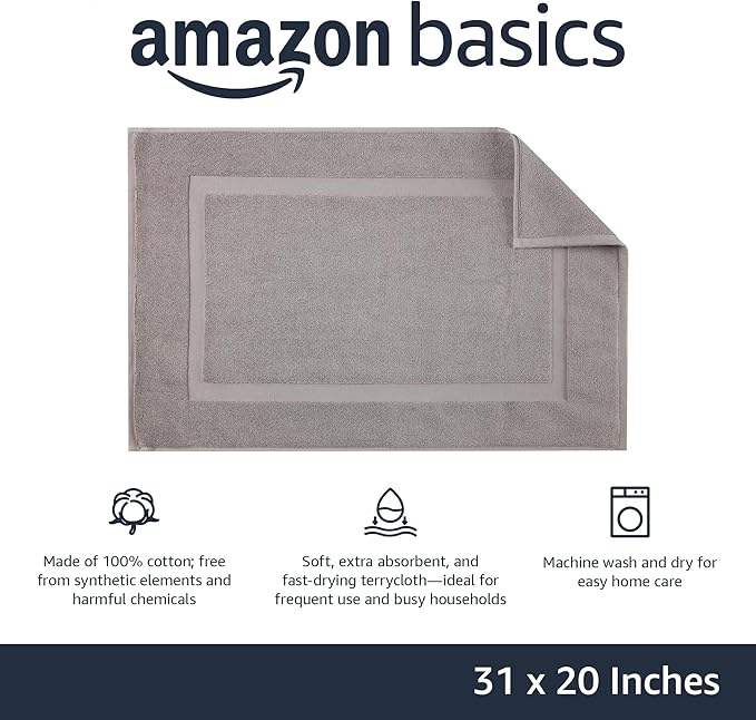Amazon Basics Banded Bathroom Bath Rug Mat, Powder Gray, 31 inches L x 20 inches W