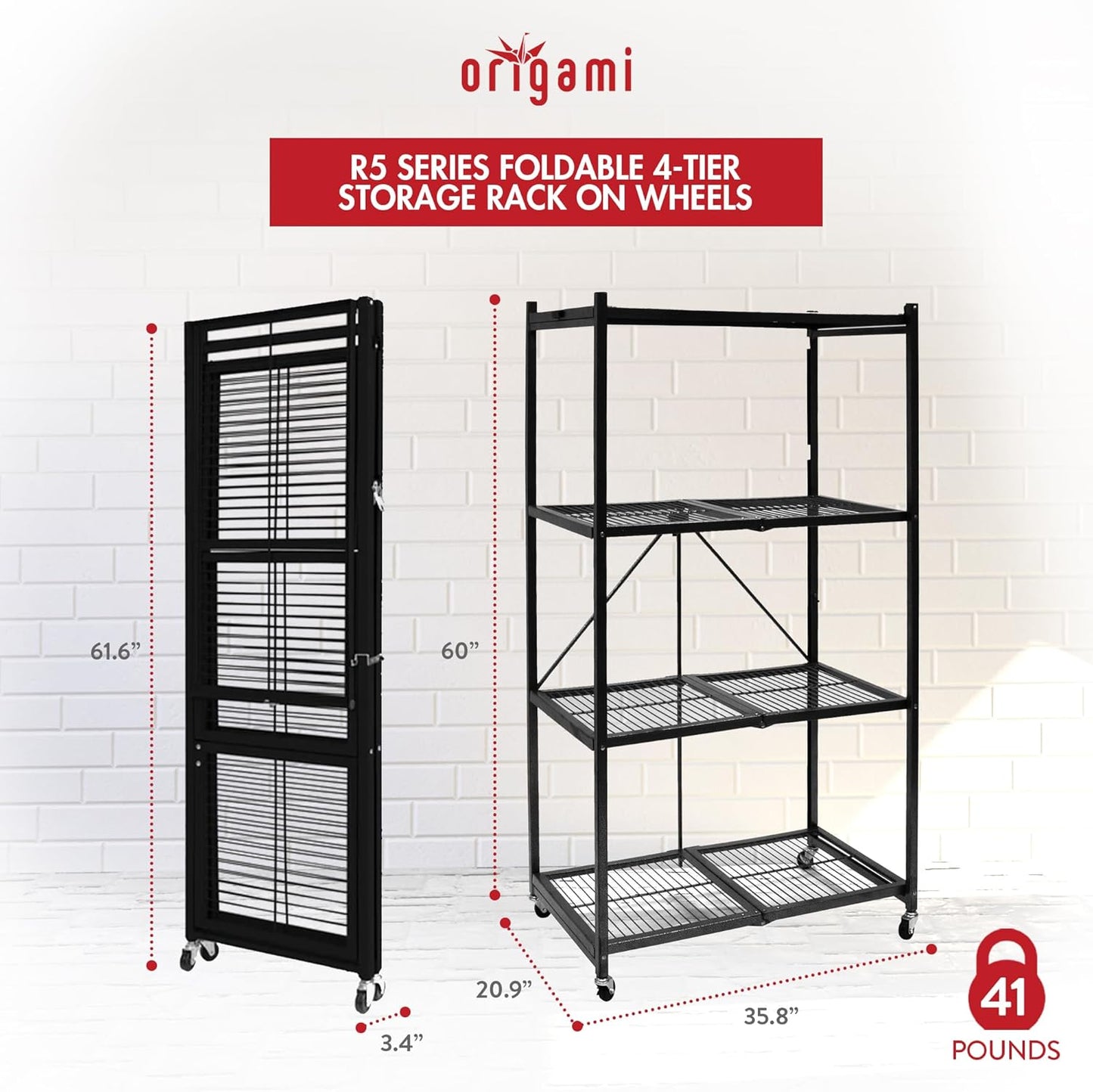 Origami 4 Pack 4 Tier Foldable Metal Garage Storage Shelf Rack, Wheels & Powder Coated Steel, Black