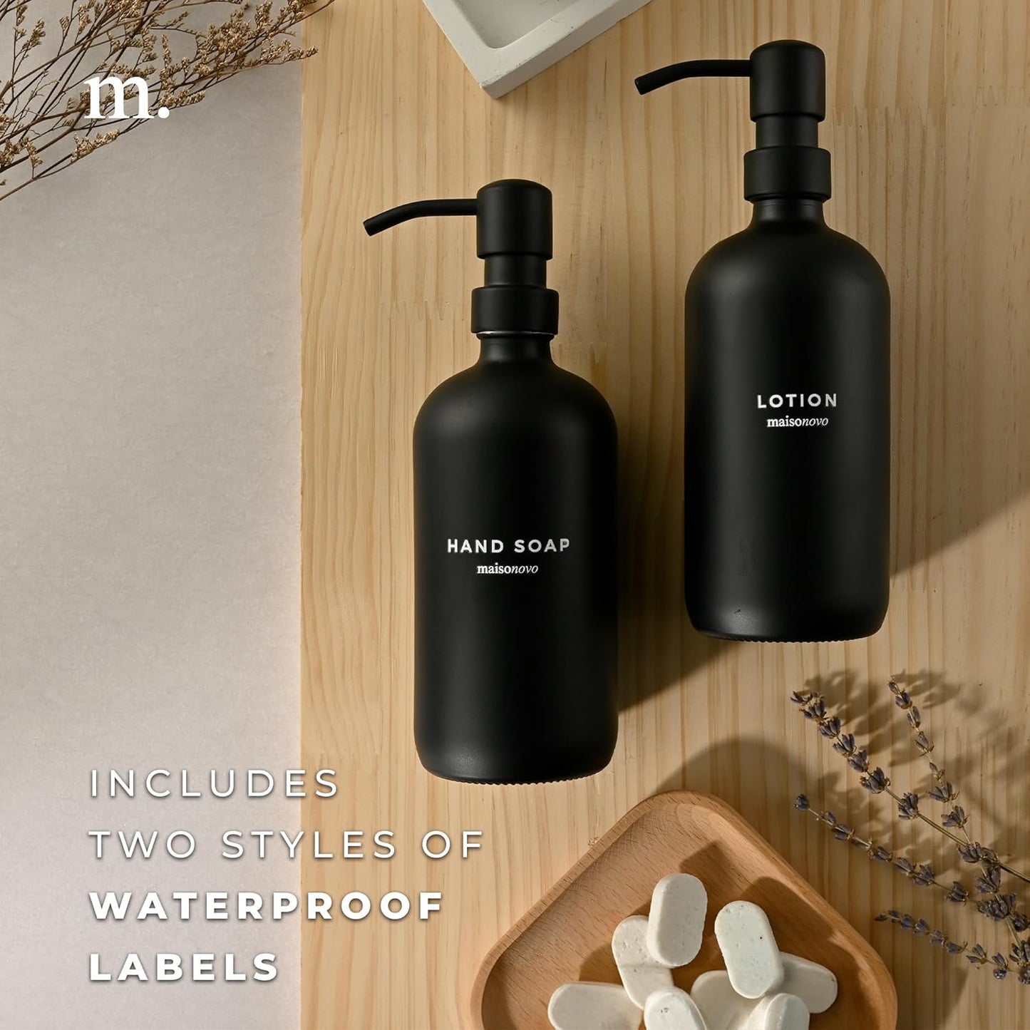 MaisoNovo Soap Dispenser 2-Piece Set | 16.9oz Black Bottles with Black Stainless Steel Pumps