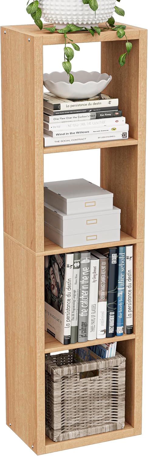 Cube Storage Organizer Bookcase, Small 4 Tier 11 inch Open Back Cubical Shelf with Thickened Border, Display Bookshelf for Living Room, Home Office, Sturdy Room (Natural Oak, 4 Cube,Vertical)