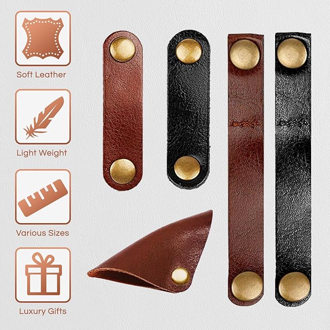 Kanemc 13Pcs Leather Cord Organizer, 3-Sizes Leather Cable Ties Cord Taco Snap On Cord Holders Cord Keepers For Travel, USB Charging Cable Strap Winder Earphone Wrap, Gifts For Women Men