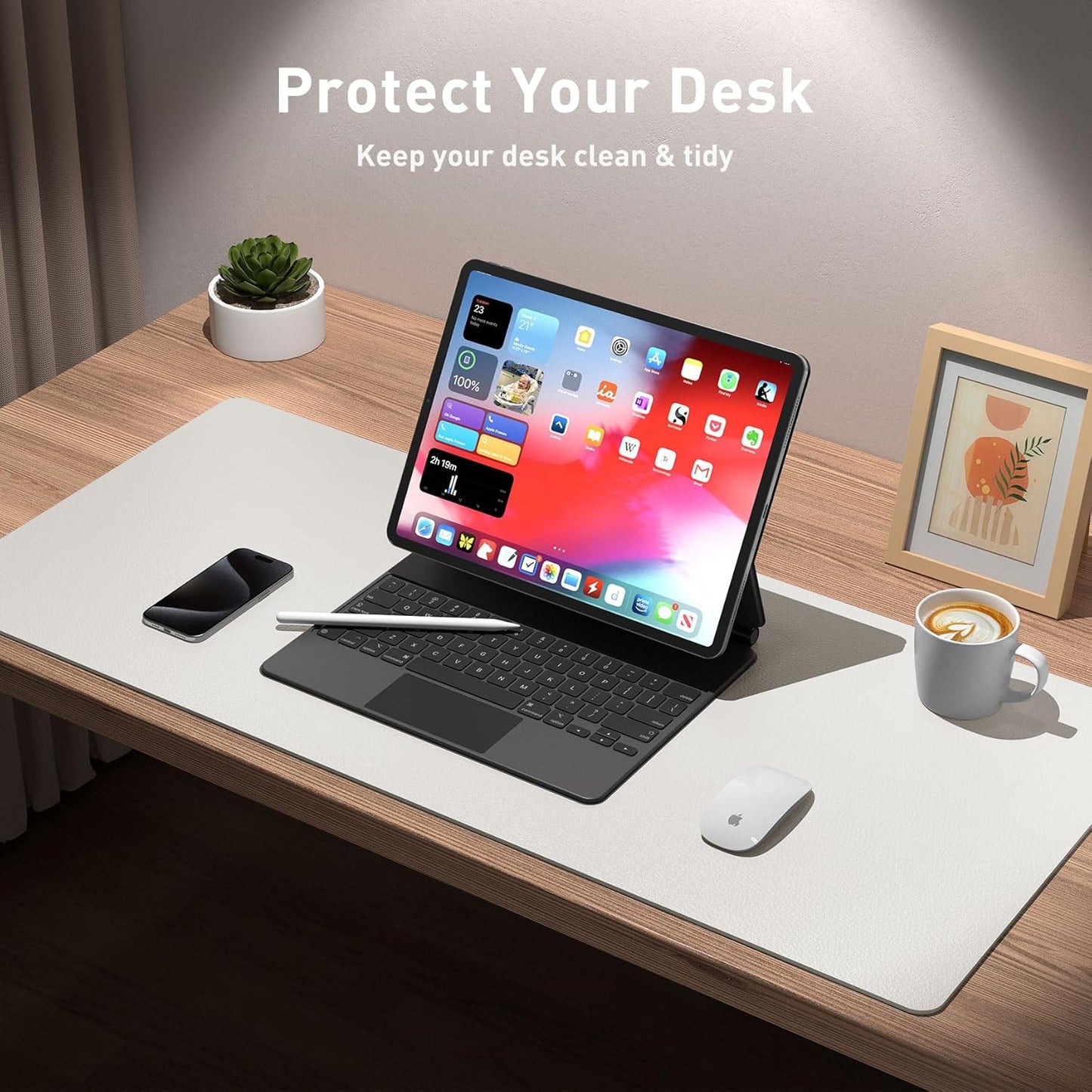 Aothia Leather Desk Pad Protector, Mouse Pad, Office Desk Mat, Non-Slip PU Leather Desk Blotter, Laptop Desk Pad, Waterproof Desk Writing Pad for Office and Home (36" x 17", Off-White)