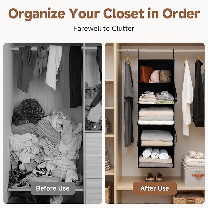 StorageWorks 5-Shelf Hanging Closet Organizers, Foldable Closet Storage Organizer with 2 Side Pockets, Portable Hanging Shelves for Clothes, Sweater, Towels, 13" D x 15" W x 47 ¾" H, Black