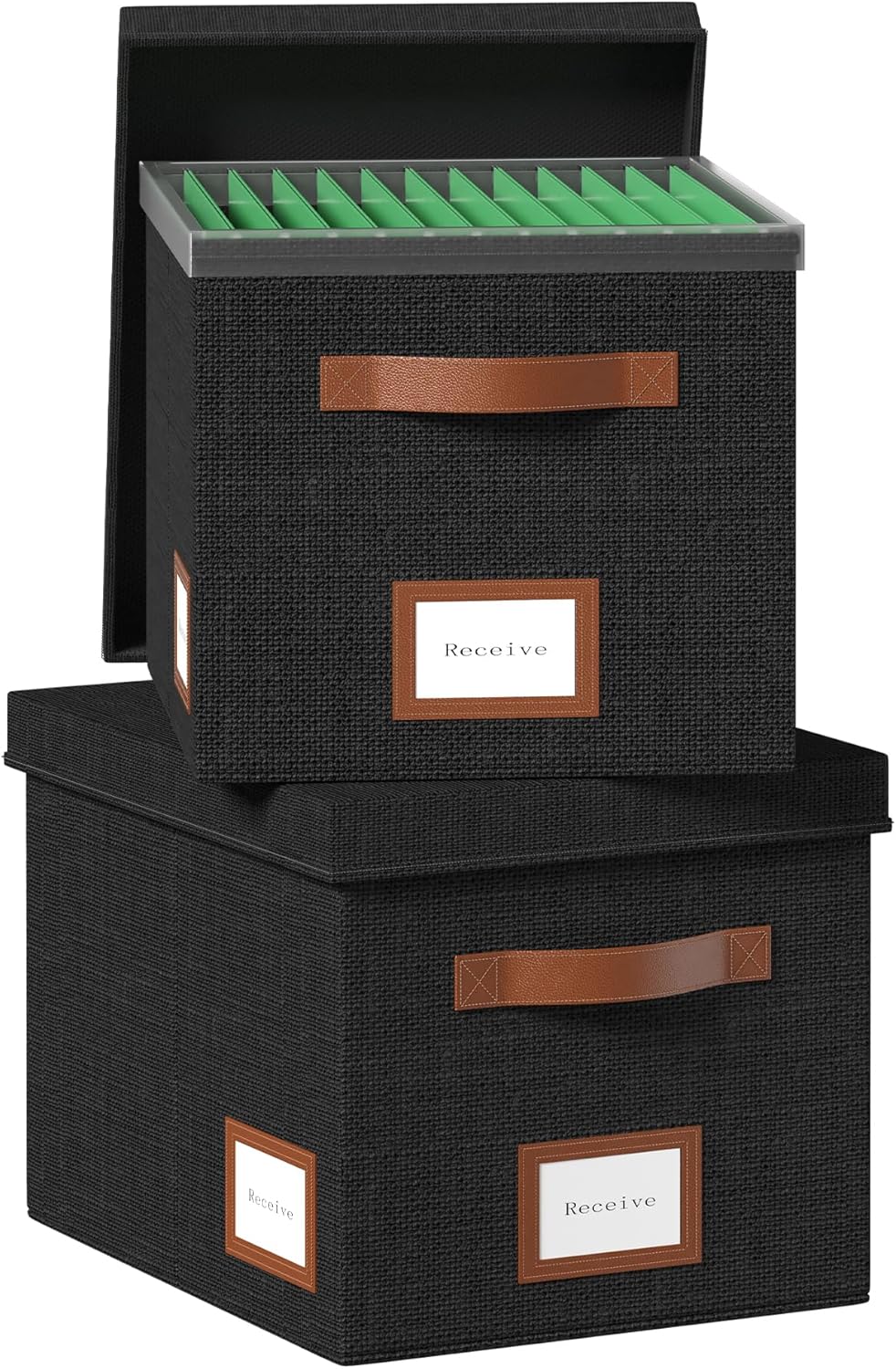 File Organizer Box with Lid File Box for Hanging Decorative File Organizer with One-Piece Integrated Plastic Slide Rail (Black, 13.2x10.1x10.1inch(2pack))