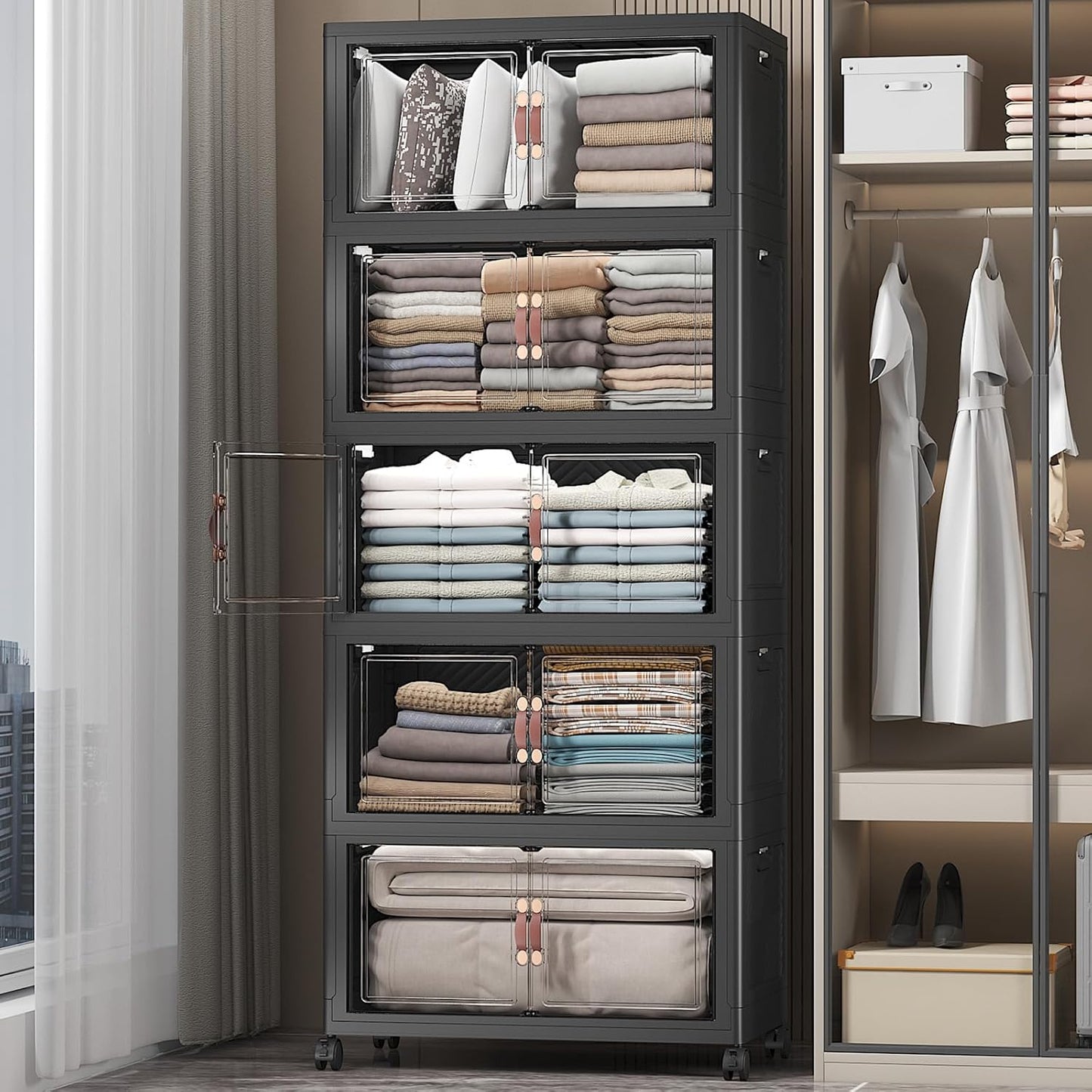 Extra Large Stackable Storage Bins with Lids & Wheels & Door, 560QT-112QT/28GAL*5Pack Foldable Collapsible Closet Organizers, Plastic containers drawers for bedroom Dorm