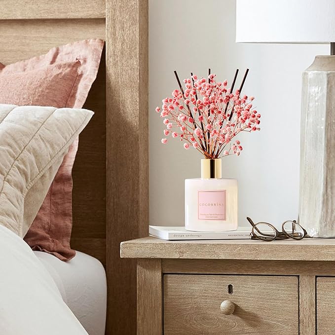 COCORRÍNA Reed Diffuser - Himalayan Salt & Rosewater 6.7 Fl.oz Reed Diffuser Set with Sticks & Preserved Baby's Breath, Reed Diffuser for Home Bathroom Shelf Decor