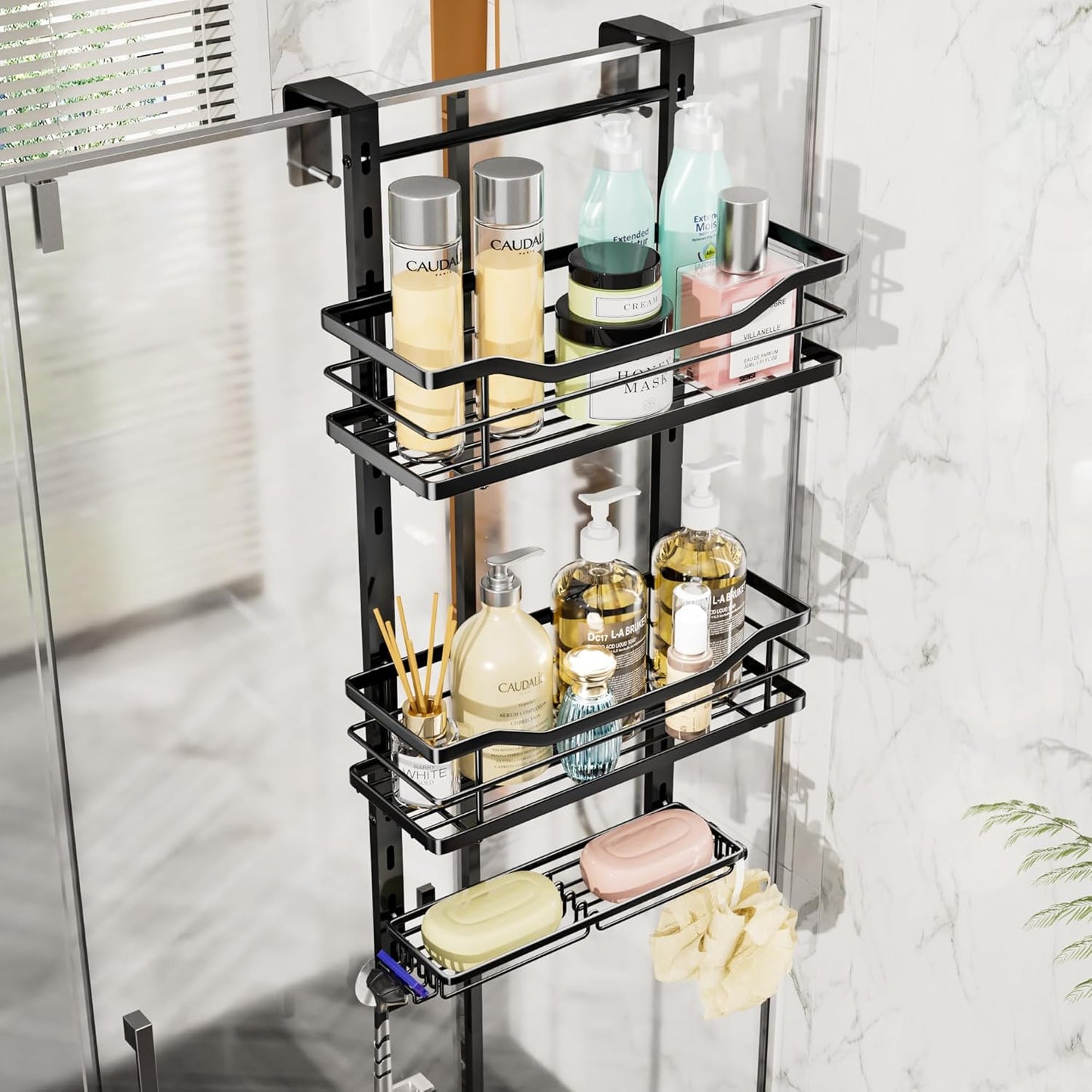 SWTYMIKI Over the Door Shower Caddy - 3 Tier Adjustable Shower Organizer Hanging with Soap Holder, No Drilling Stainless Steel Bathroom Rack Hanging for Body Wash, Shampoo, Soap, Razor, Black