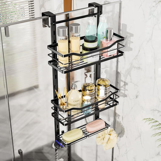 SWTYMIKI Over the Door Shower Caddy - 3 Tier Adjustable Shower Organizer Hanging with Soap Holder, No Drilling Stainless Steel Bathroom Rack Hanging for Body Wash, Shampoo, Soap, Razor, Black