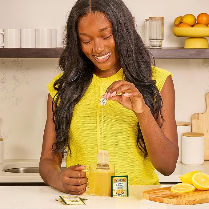 Twinings Lemon & Ginger Herbal Tea Individually Wrapped Bags, 100 Count (Pack of 1), Tangy Lemon, Spicy Ginger, Naturally Caffeine-Free, Enjoy Hot or Iced, 100 Teabags