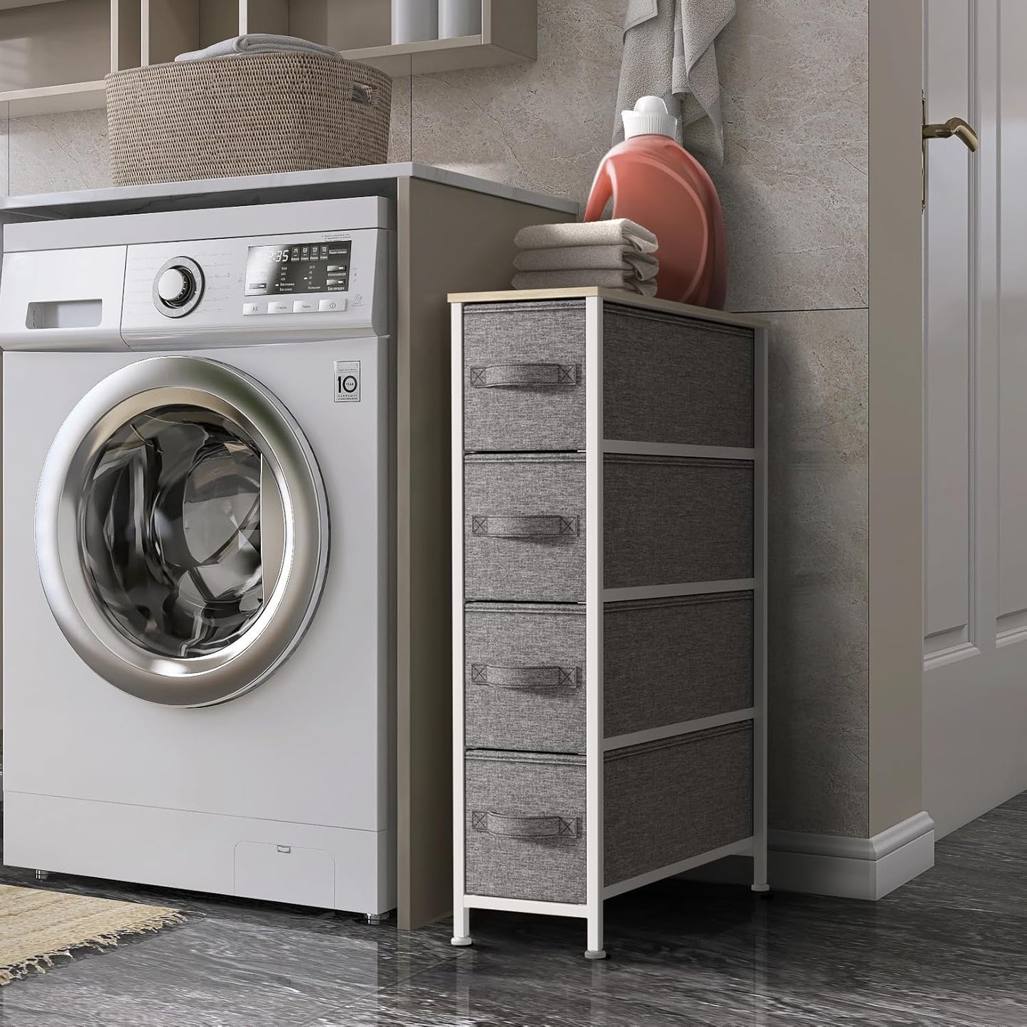 Sorbus Narrow Dresser with 4 Drawers - Vertical Slim Storage Chest of Drawers with Steel Frame, Wood Top & Easy Pull Fabric Bins for Small Spaces, Closets, Bedroom, Bathroom & Laundry (Beige)