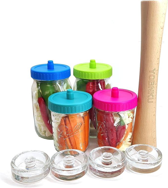 Complete Mason Jar Fermentation Kit with Pounder, 4 Glass Weight and 4 Fermenter lids Sauerkraut Caps Pickle Pipes Fermenting Food Tool for Wide Mouth Mason Jars-Jars Not Included (Have pounder)