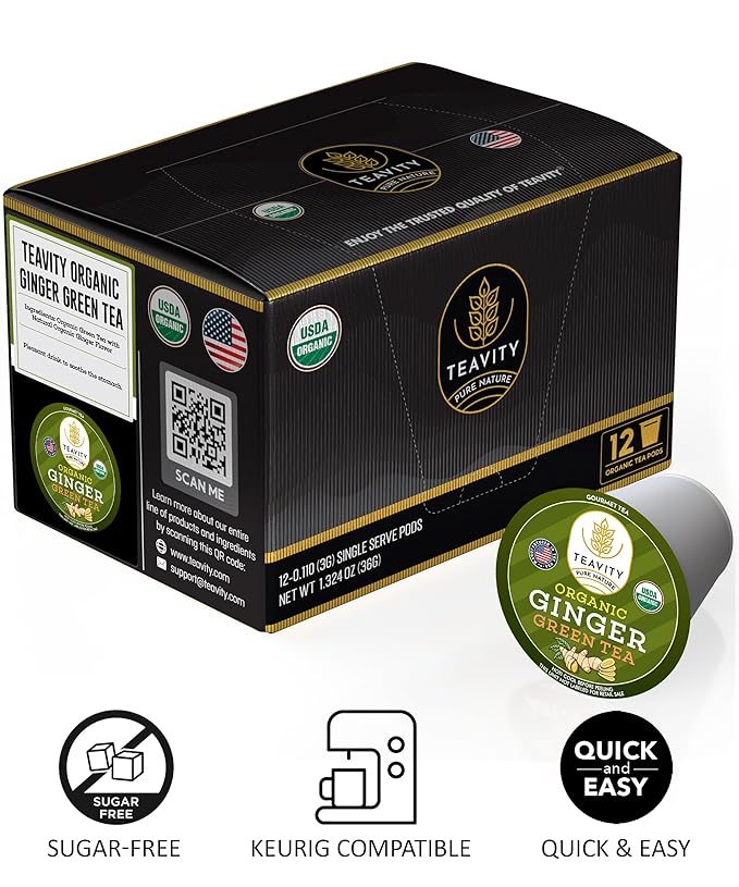 Green Tea & Ginger Tea Pods for Keurig - Caffeinated, Organic, Dye Free, Unsweetened, Herbal Blend for K Cup Machines - Hot or Iced (24 Tea Pods)