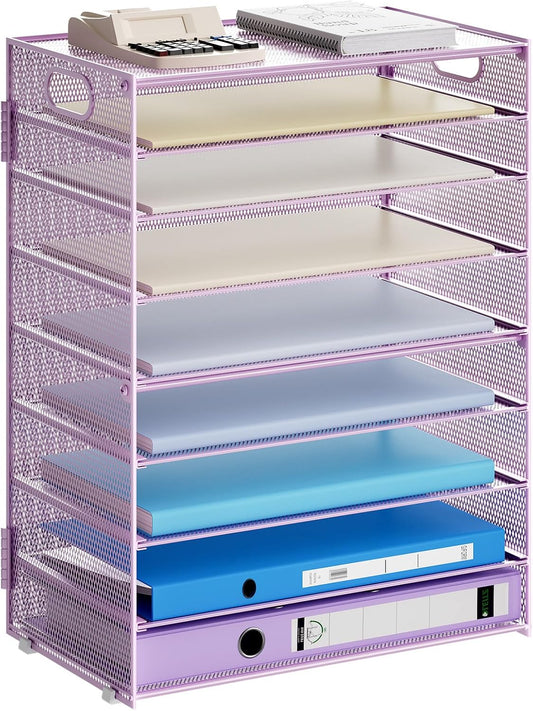 Marbrasse Paper Organizer Letter Tray, 9 Tier Mesh File Organizer with Handle, Paper Sorter Desk Organizer for Home Office Supplies - Purple