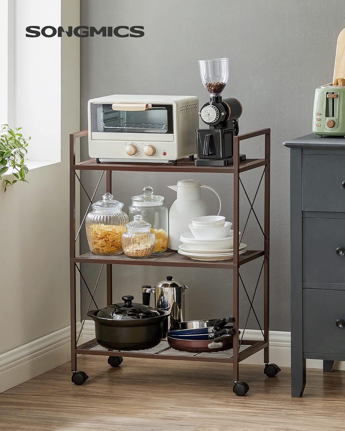 SONGMICS 3-Tier Metal Storage Rack with Wheels, Mesh Shelving Unit with X Side Frames, 23.6-Inch Width, for Entryway, Kitchen, Living Room, Bathroom, Industrial Style, Metallic Bronze UBSC163A01