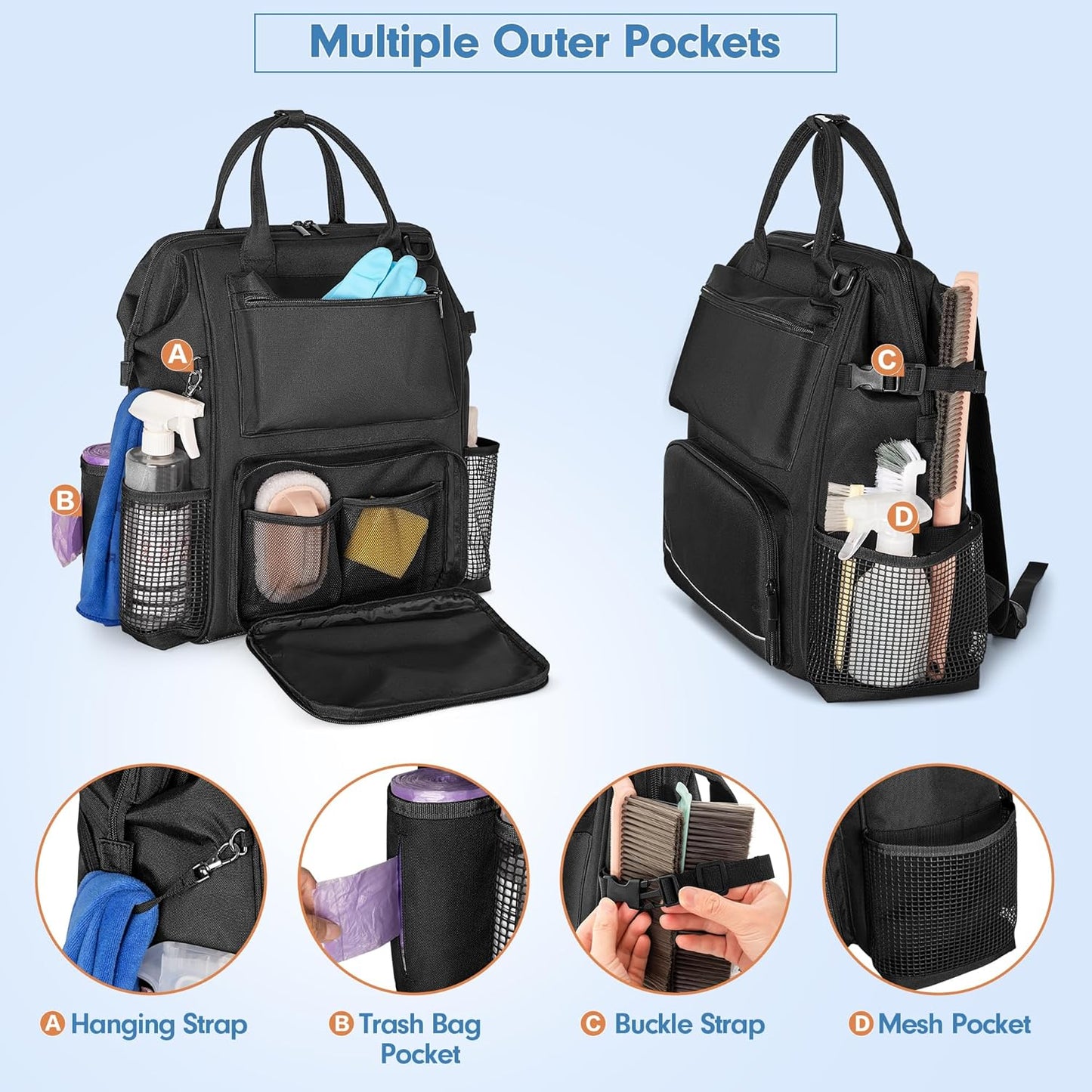 LoDrid Heavy Duty Cleaning Supplies Bag with Steel Frame Top, Large Cleaning Caddy with Adjustable Shoulder Straps and Multiple Pockets for Housekeeping Work, Black, Bag Only, Patent Designed