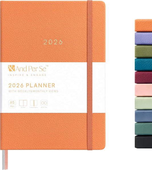 And Per Se 2026 Planner-Daily, Weekly & Monthly Leather Hardcover Planner, 5.7" x 8", Daily Schedule, Monthly Tabs, 100 GSM Thick Paper, Back Pocket(Pumpkin Orange)