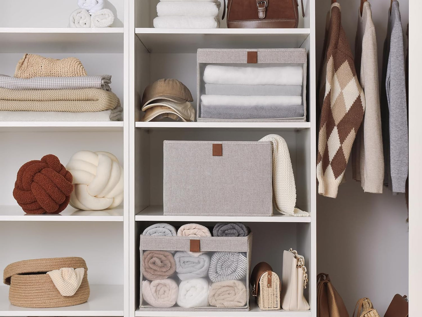 StorageWorks Closet Storage Bins, Extra Large Storage Baskets with Clear Window and Handles, Foldable Fabric Organizer for Clothes, Shelves, Brown and Beige, 3 Pack