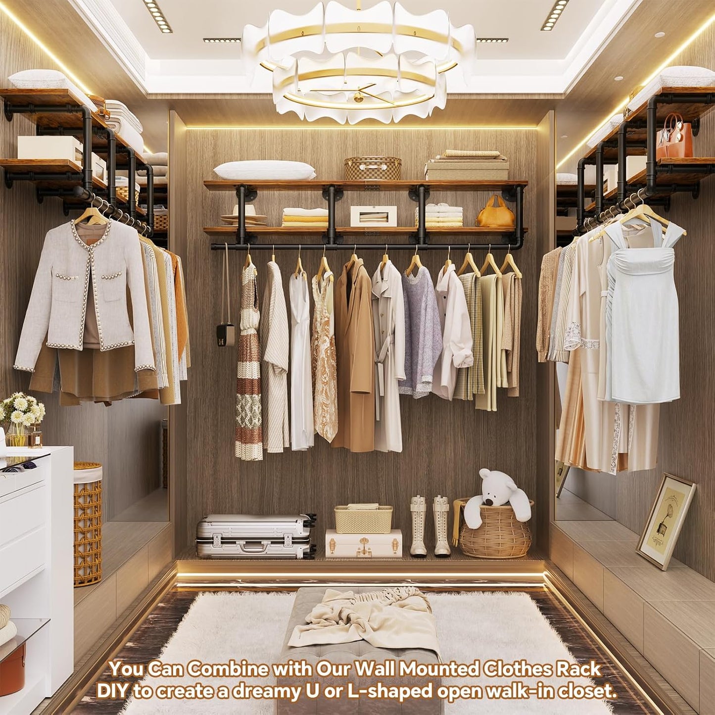 Aheaplus Industrial Pipe Clothes Rack with Top Shelf, 59In Space-Saving Wall Mounted Clothing Rack, 2 Tiers Heavy Duty Pipe Clothing Shelves with Hanging Rod for Laundry Room, Closet, Rustic Brown