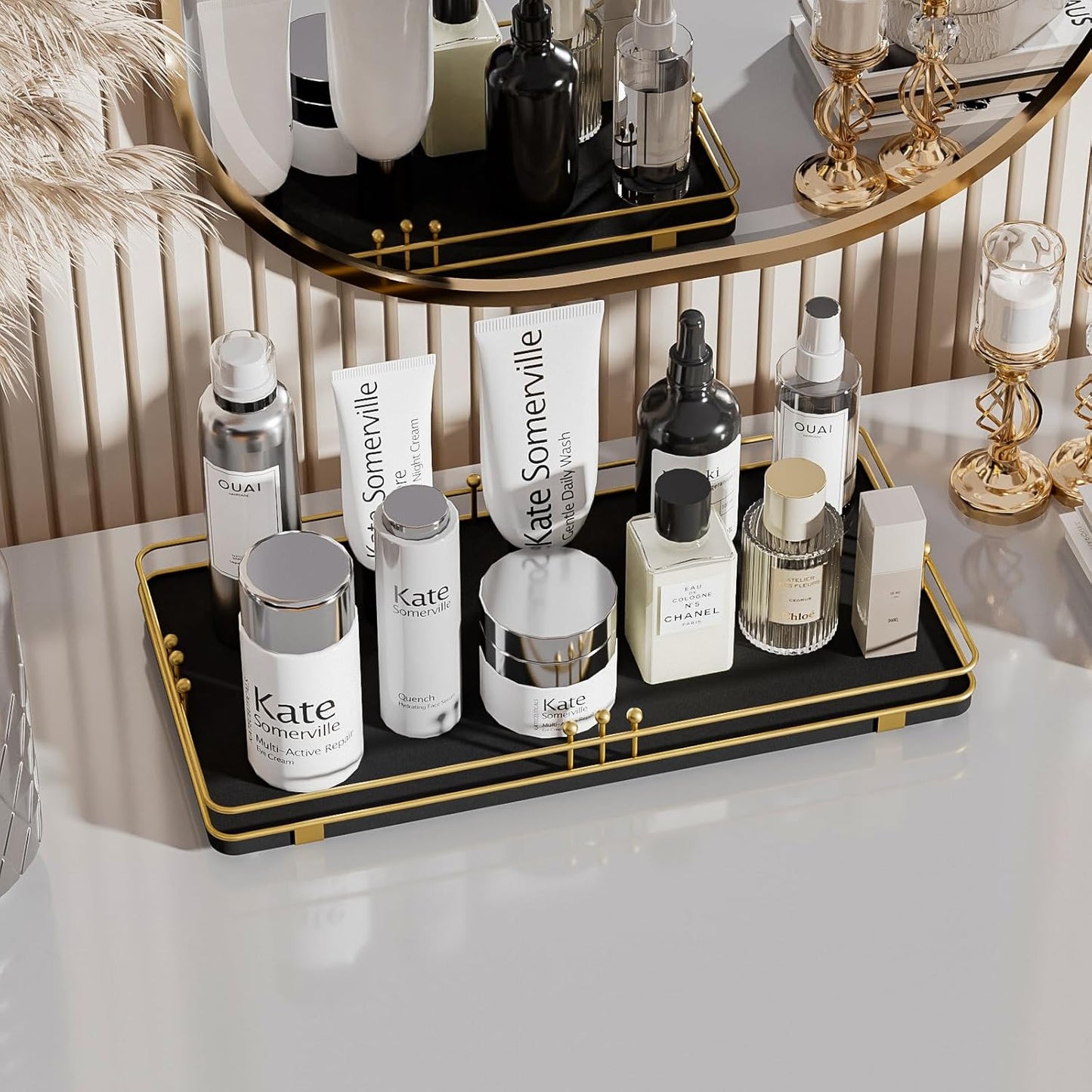 Toilet Paper Basket, Bathroom Basket for Counter Toiletries Towel Decor, Toilet Tank Tray, Guest Back of Toilet Organizer Storage, Vanity Tray for Perfume Makeup, Kitchen 13”x6.5” Black-Gold