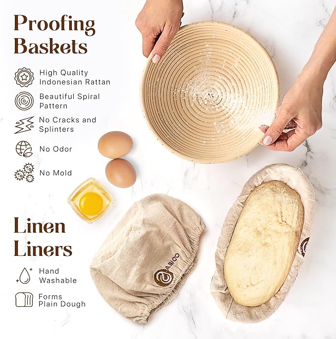 Banneton Bread Proofing Basket Set with Sourdough Bread Baking Supplies, A Complete Sourdough Starter Kit with Bread Lame, Danish Whish, Bowl & Dough Scraper, 2 Bread Slings, and Baking Mat