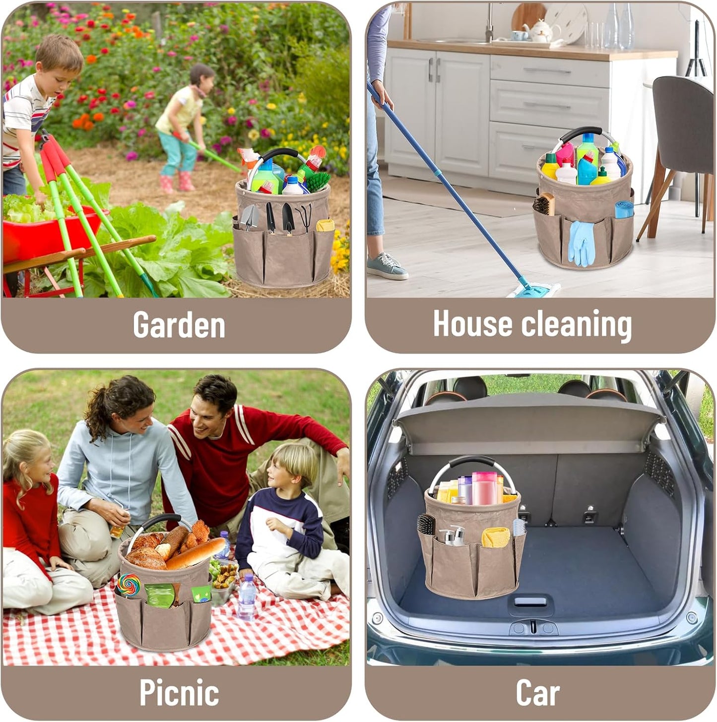 Cleaning Caddy with Handle, 17L Cleaning Supply Caddy Foldable Bucket Organizer Cleaning Products Organizers Cleaning Tools Bag 4.5 Gallon (Khaki)