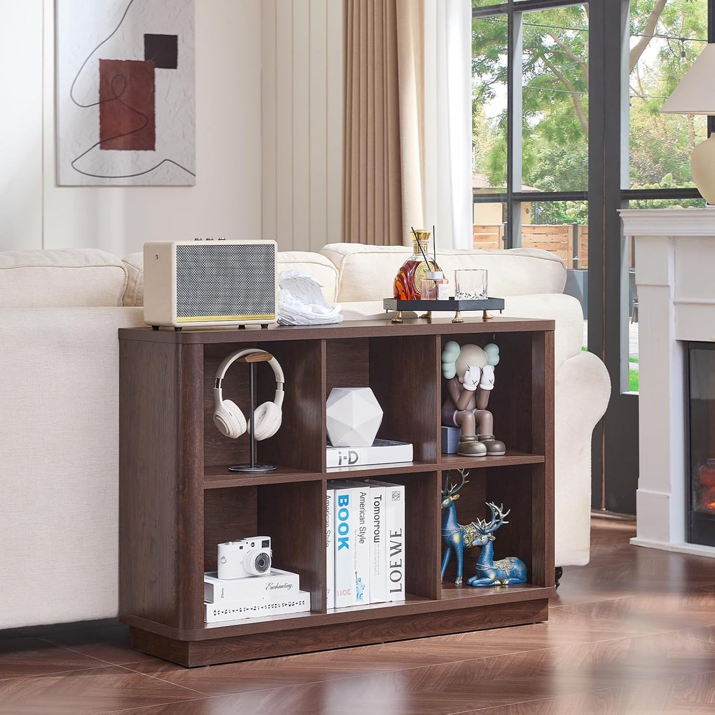 6 Cube Storage Bookcase, 40" Wide Low Horizontal Book Shelf with Curved Edge, Wood Floor Standing 2-Tier Bookshelf with Base, Farmhouse Short Book Case for Bedroom, Living Room, Office, Walnut