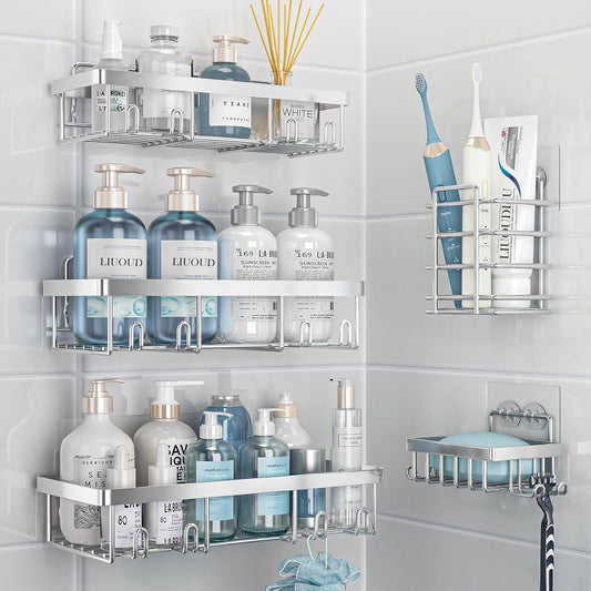 5 Pack Shower Caddy Organizer Rack Shelf for Inside Shower, Self Adhesive Bathroom Wall Storage Basket Rustproof Stainless Steel Large Capacity Shampoo Holder, Silver